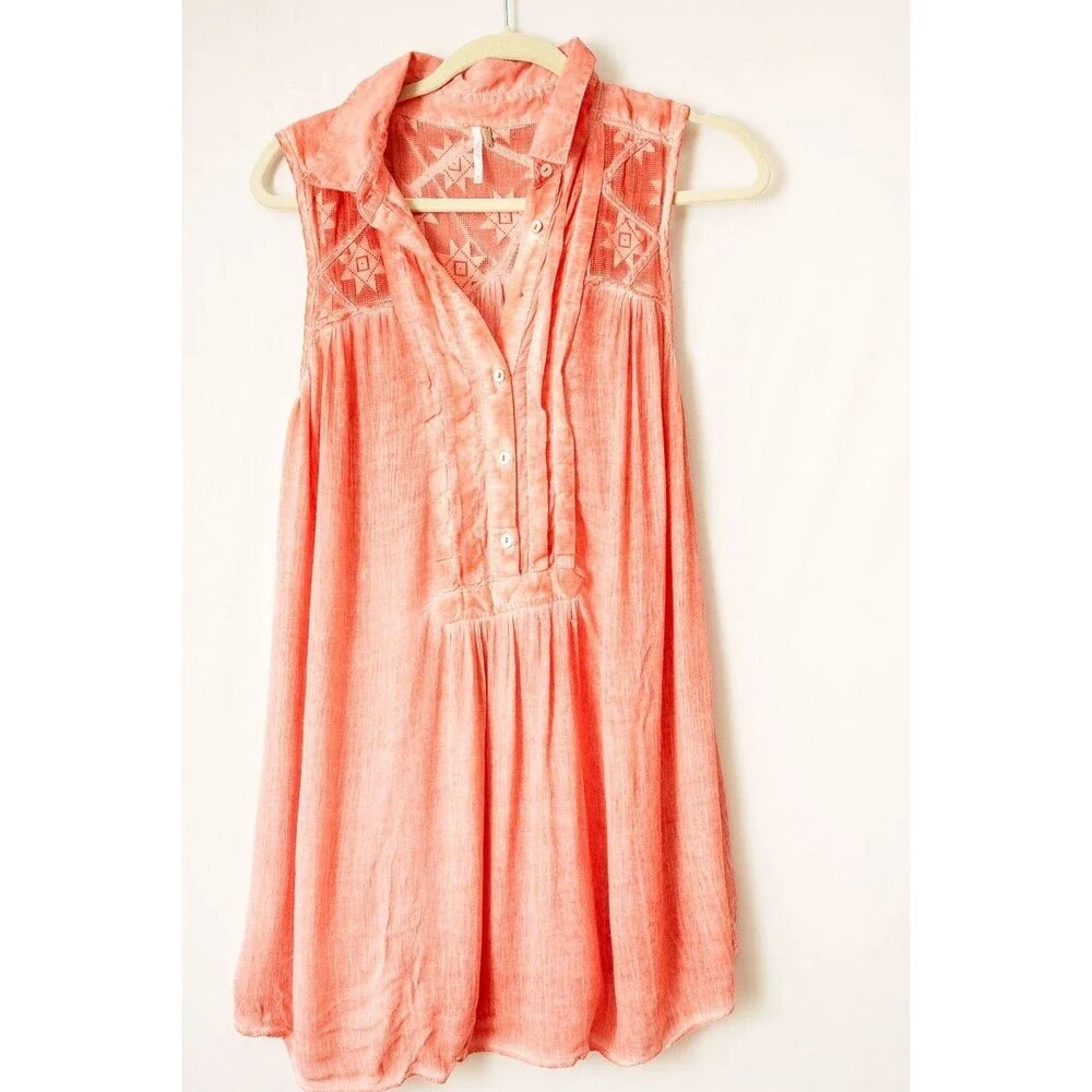 Free People Gauze Acid Wash Tie Dye Tunic Top Coral Boho‎ M